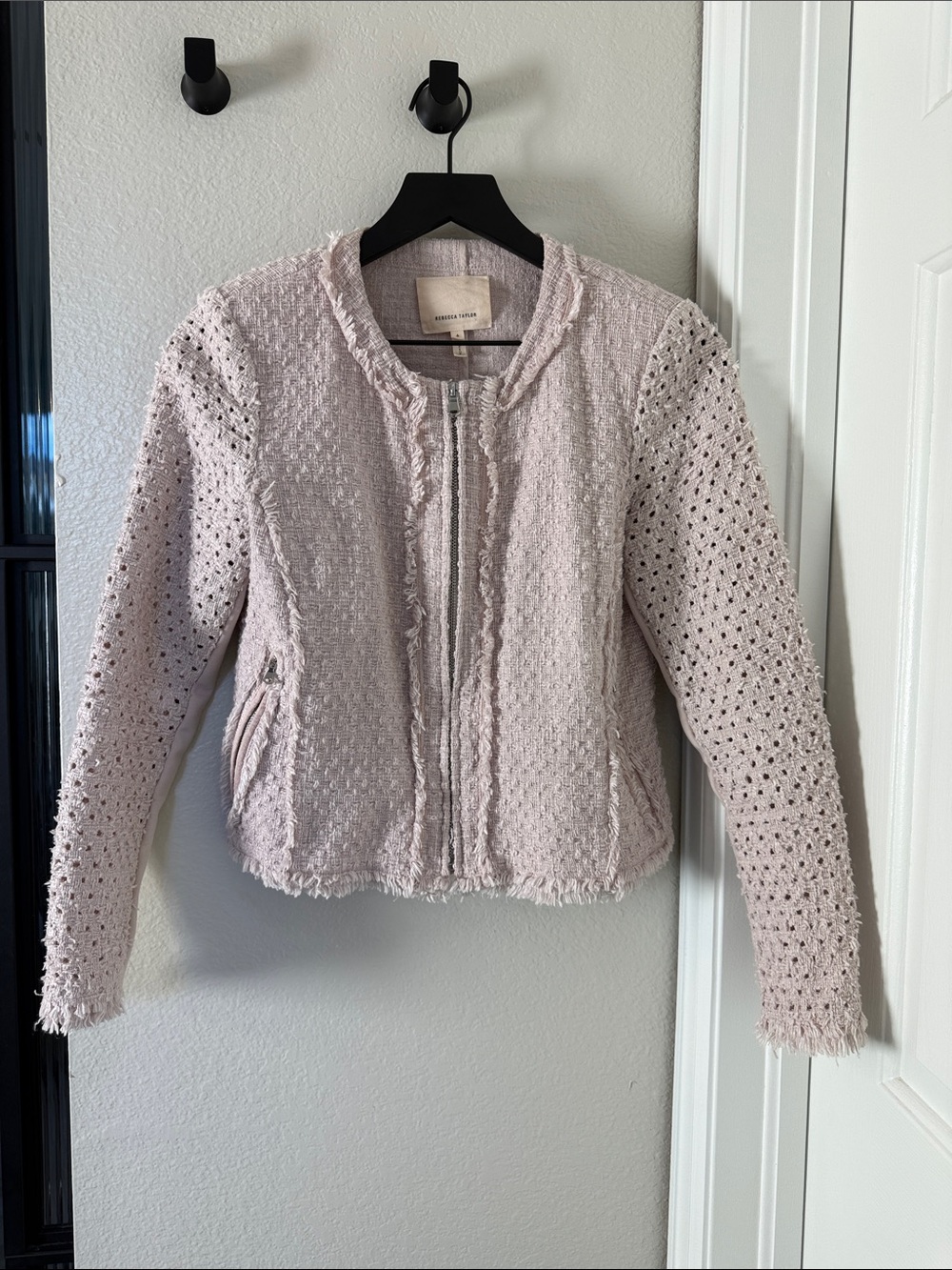 Rebecca Taylor Light Pink Tweed Jacket with Dot-Punched Sleeves & Fringe Size 6